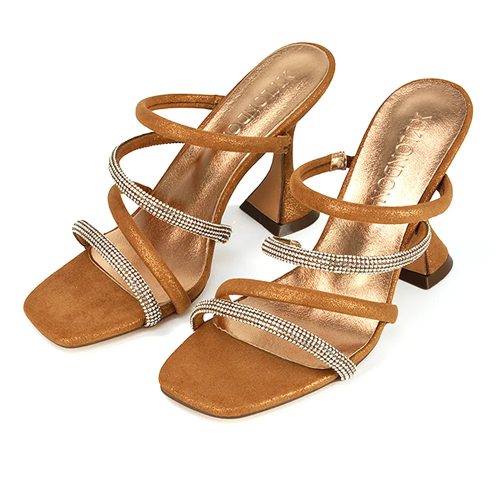Posie Diamante Strappy Square Toe Sculptured High Heel Wedding Sandals in Black