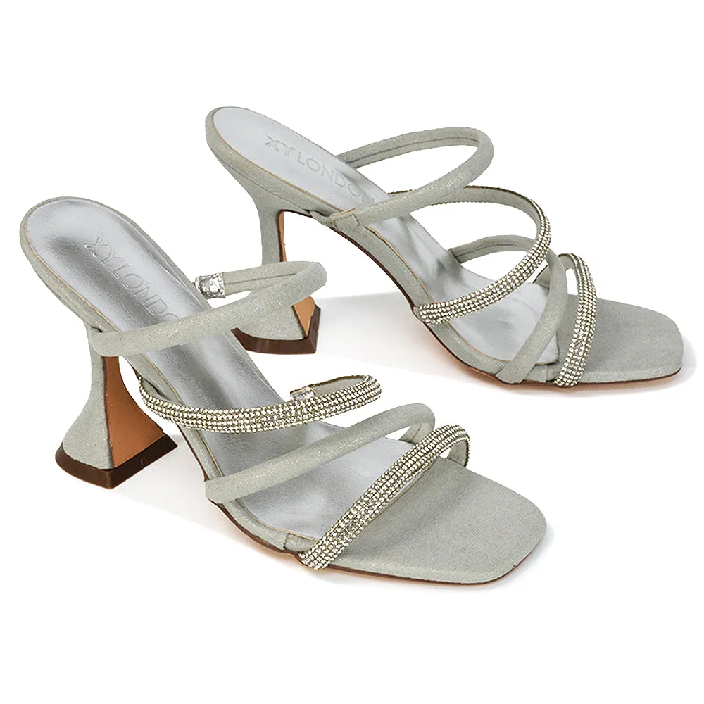 Posie Diamante Strappy Square Toe Sculptured High Heel Wedding Sandals in Black