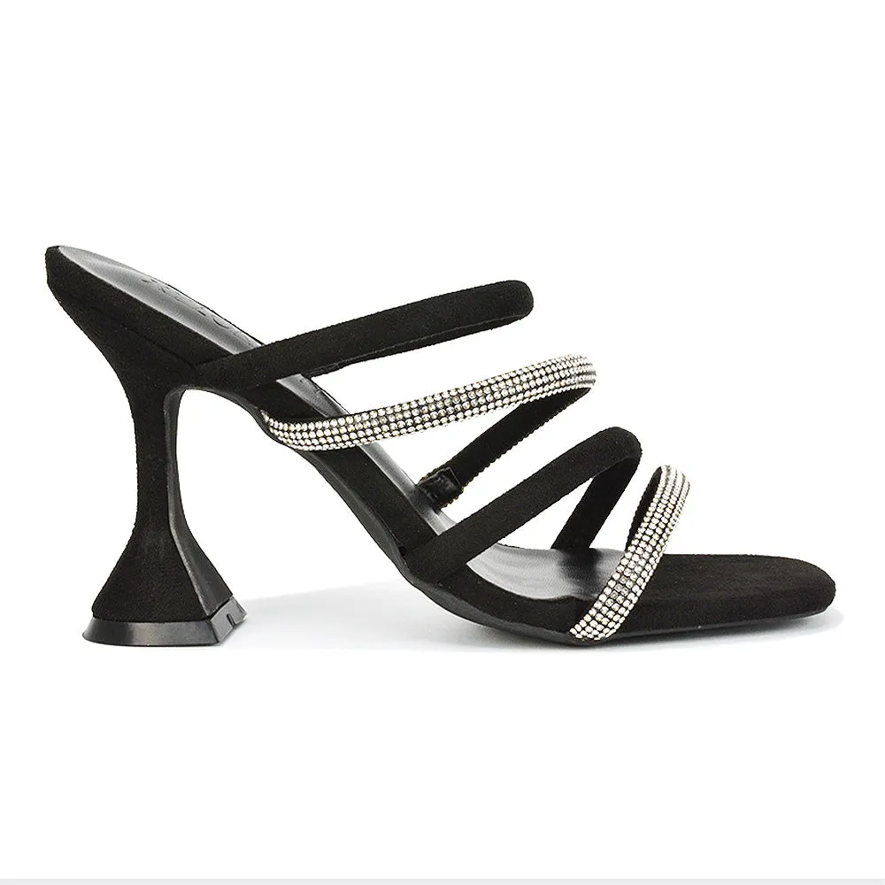 Posie Diamante Strappy Square Toe Sculptured High Heel Wedding Sandals in Black