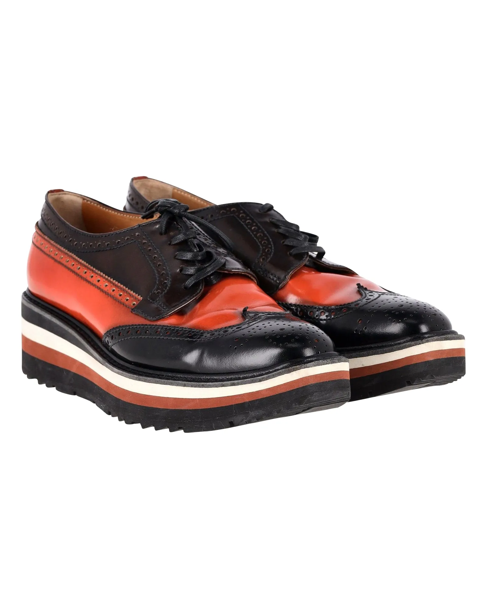 Prada Flatform Derby Brogue Lace Up in Black Leather