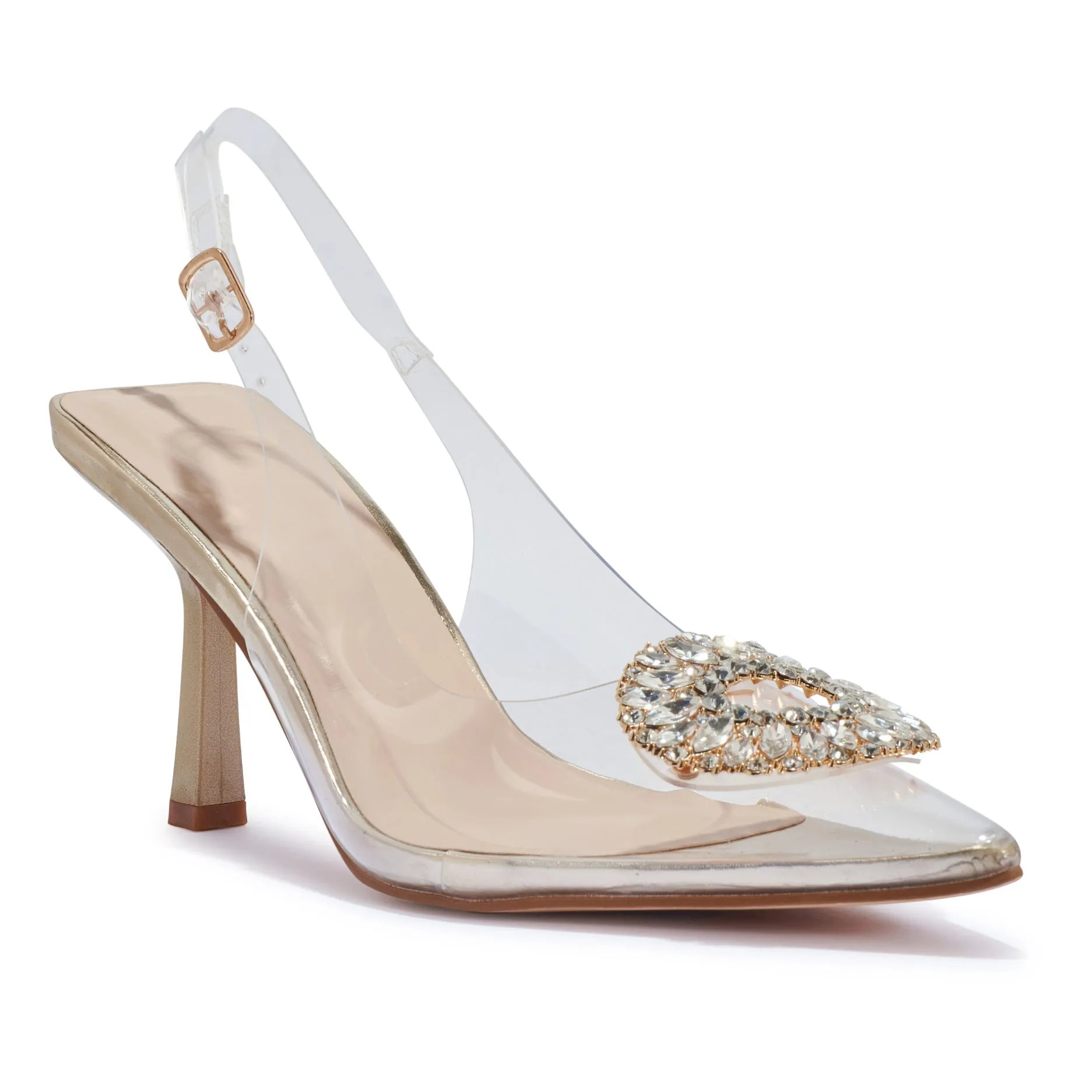 PRISCILLA GOLD CLEAR PERSPEX SLINGBACK JEWEL HEELS