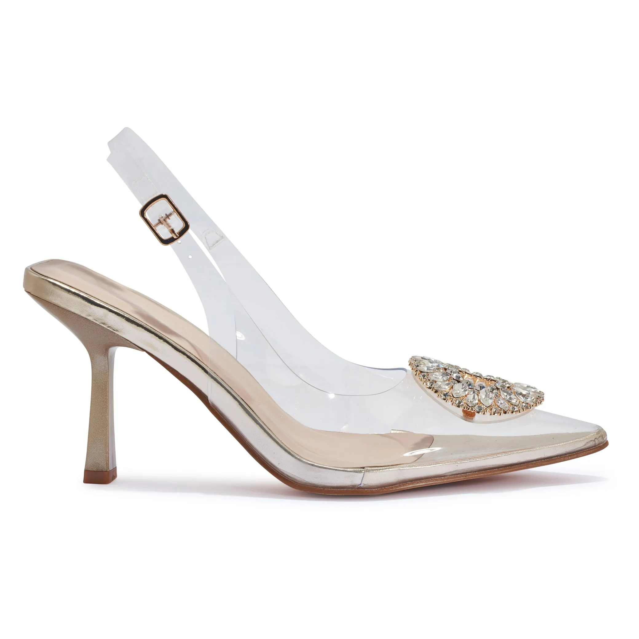PRISCILLA GOLD CLEAR PERSPEX SLINGBACK JEWEL HEELS