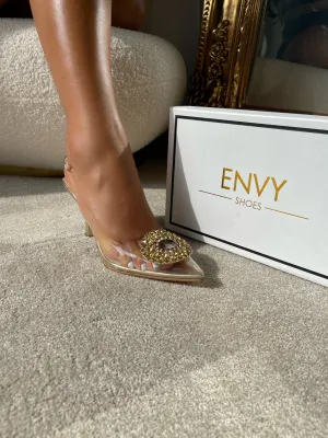 PRISCILLA GOLD CLEAR PERSPEX SLINGBACK JEWEL HEELS