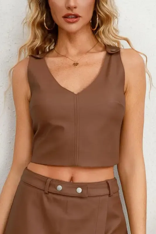 PU Leather Snap Strap Sleeveless Crop Top