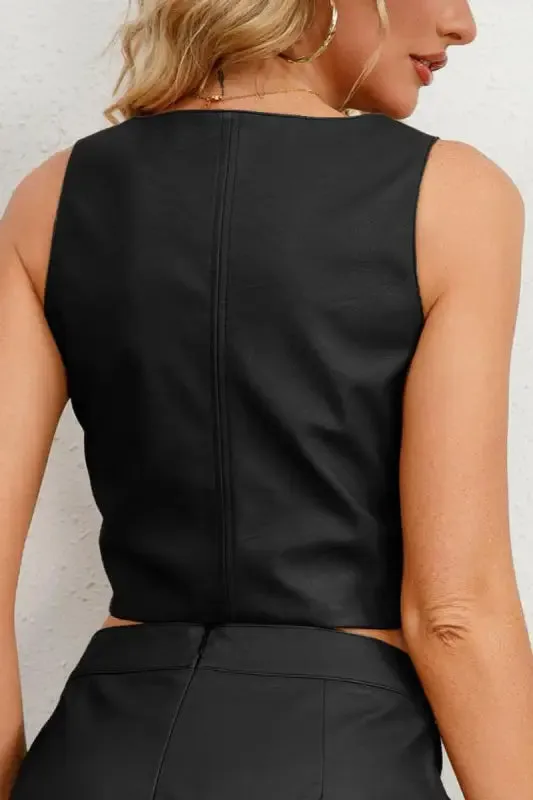 PU Leather Snap Strap Sleeveless Crop Top