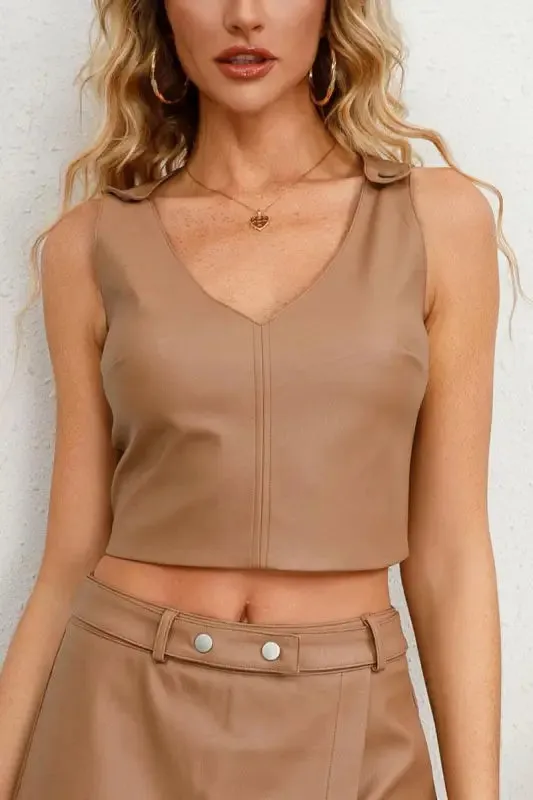 PU Leather Snap Strap Sleeveless Crop Top