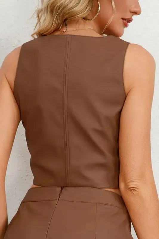 PU Leather Snap Strap Sleeveless Crop Top