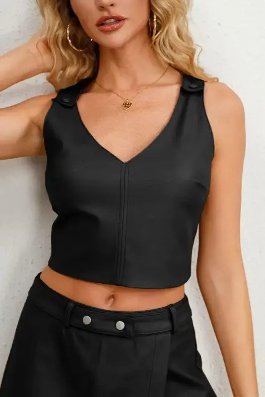 PU Leather Snap Strap Sleeveless Crop Top