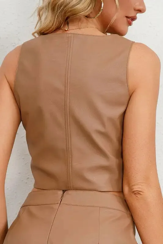 PU Leather Snap Strap Sleeveless Crop Top