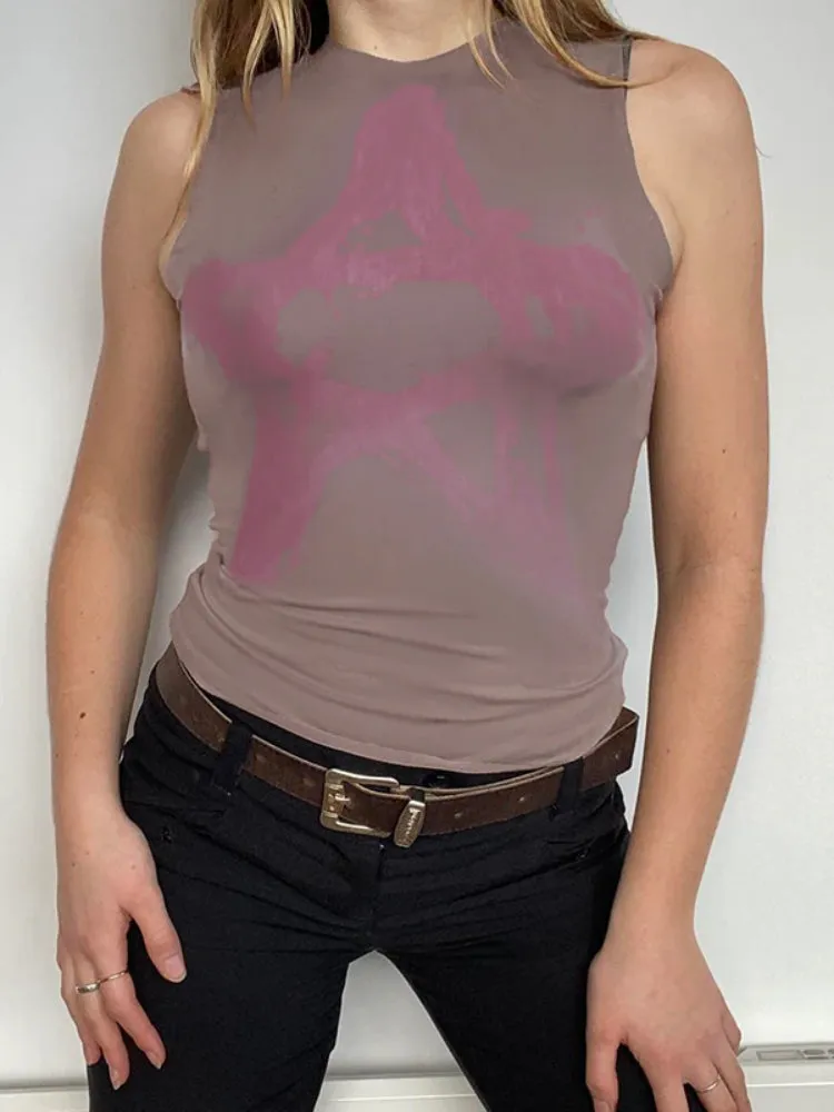 Retro Printed Sleeveless Star Cute Top