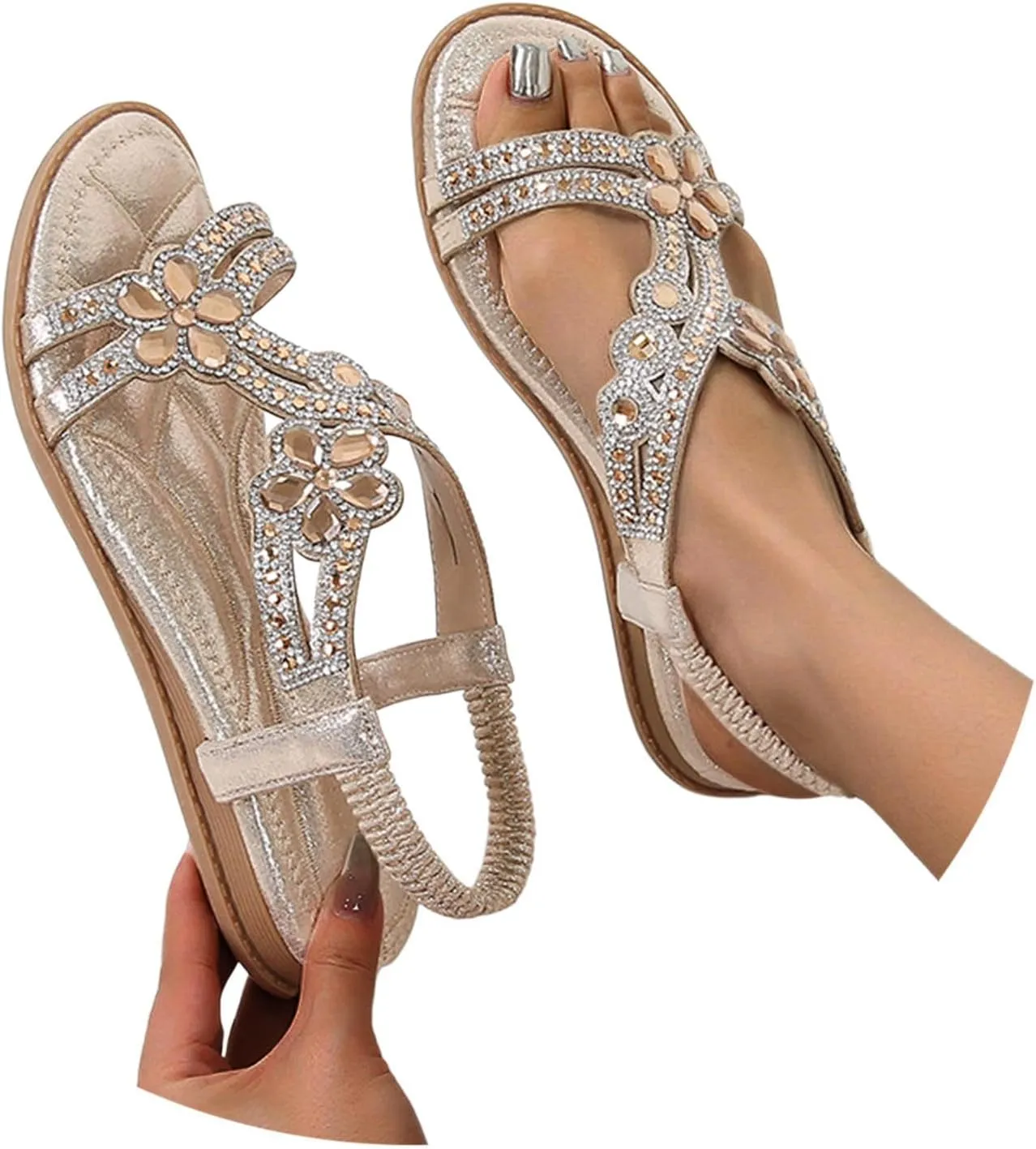 Rhinestone Sandals for Women Comfortable Spring Shoes 2025 Elastic Ankle Strap Lightweight Strappy Platform Sandals