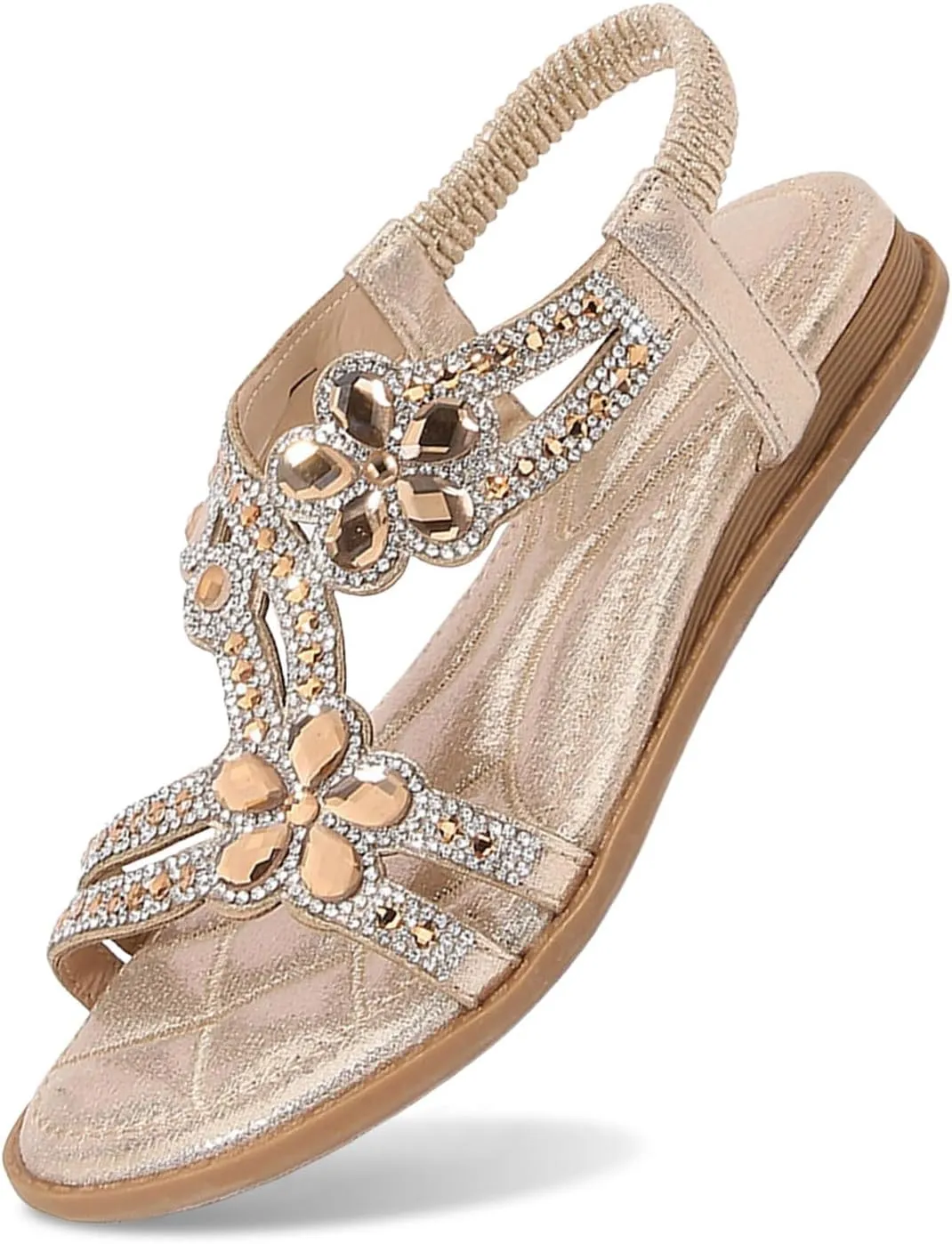 Rhinestone Sandals for Women Comfortable Spring Shoes 2025 Elastic Ankle Strap Lightweight Strappy Platform Sandals