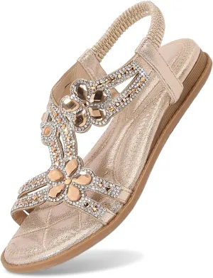 Rhinestone Sandals for Women Comfortable Spring Shoes 2025 Elastic Ankle Strap Lightweight Strappy Platform Sandals