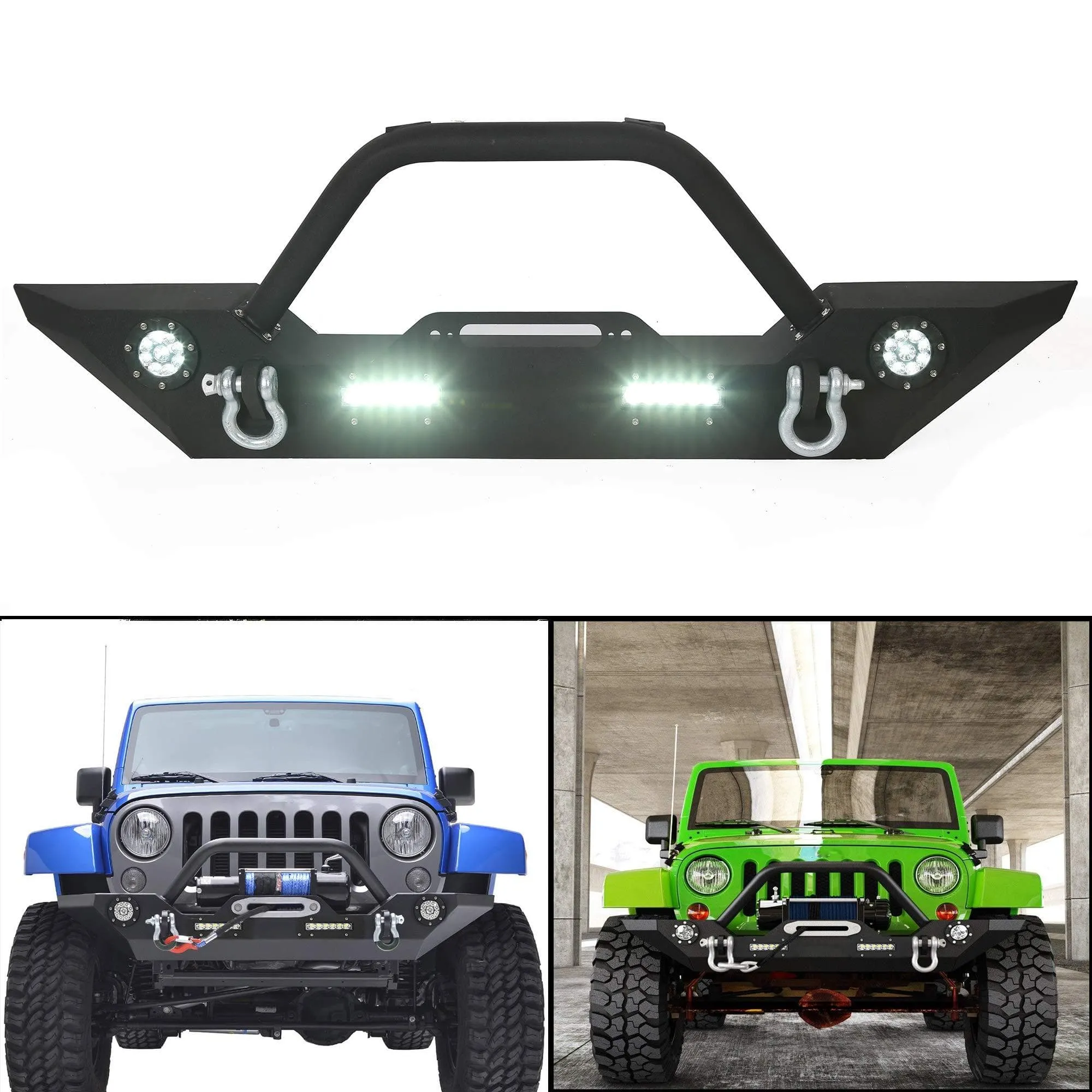 Rock Crawler Front Bumper w/LEDLight Winch Plate Black Textured for 2007-2019 Jeep Wrangler JK Wiring (Harness is Included)