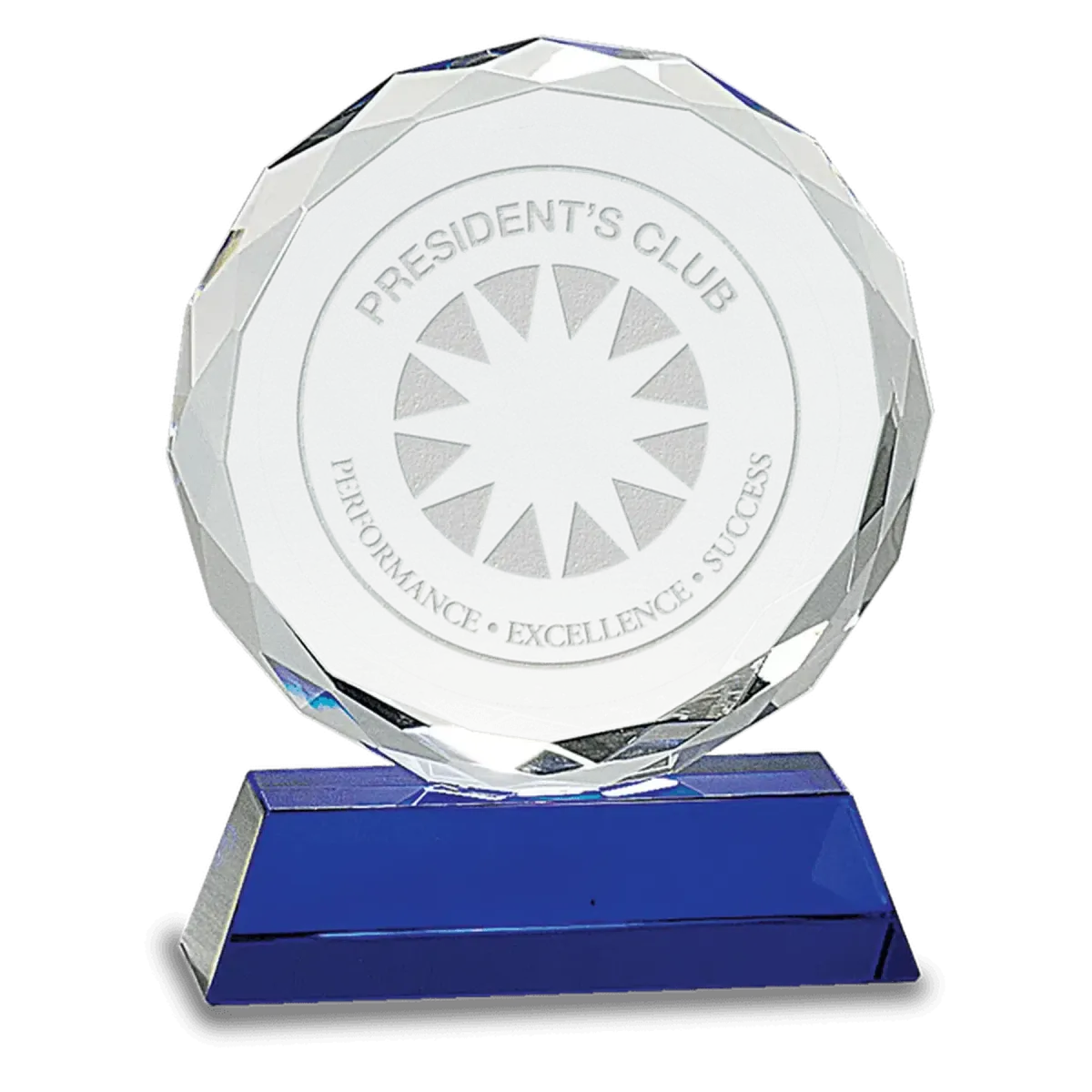 Round Facet Crystal on Blue Pedestal Base