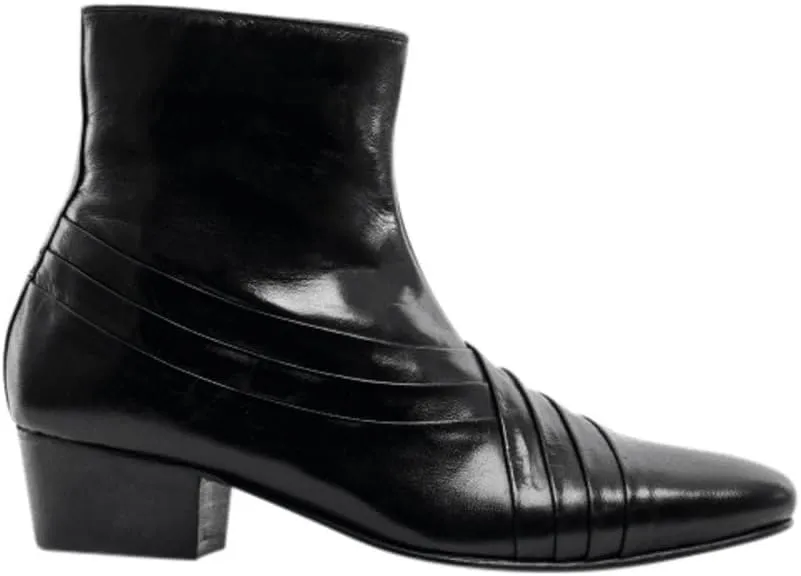 SALVATORE Mens Handcrafted Real Leather Cuban Heel Side Zip Pleated Dancing Ankle Boots