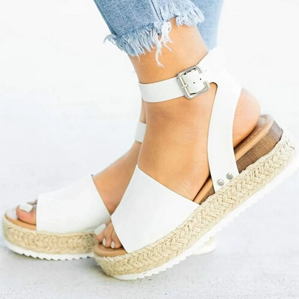 Sandals for Women White Gibobby Wedge Sandal Plus Summer Casual Hemp Rubber Studded Buckle Ankle Strap Open Toe Beach Shoes