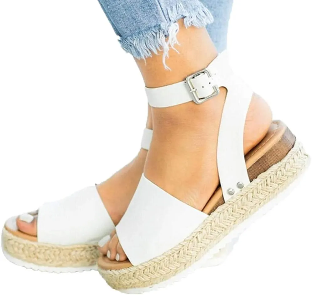 Sandals for Women White Gibobby Wedge Sandal Plus Summer Casual Hemp Rubber Studded Buckle Ankle Strap Open Toe Beach Shoes