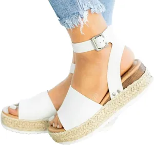 Sandals for Women White Gibobby Wedge Sandal Plus Summer Casual Hemp Rubber Studded Buckle Ankle Strap Open Toe Beach Shoes
