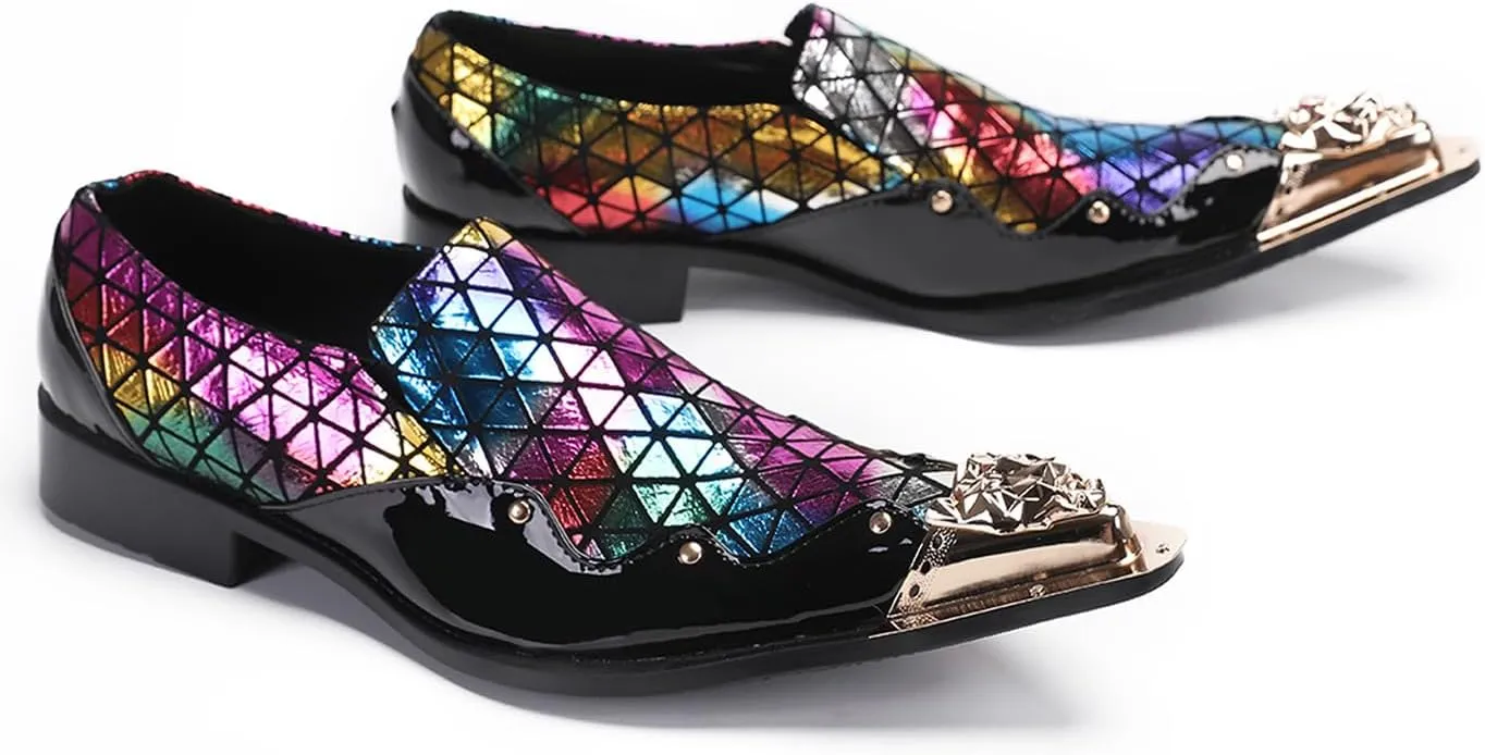 Santimon Mens Loafers Party Dress Slip On Disco Shoes -Wedding Casual Two Tone Leather Penny Loafers- Tuxedo Plaid Metal Tip Toe Shoes for Men Boys