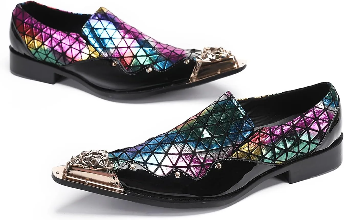 Santimon Mens Loafers Party Dress Slip On Disco Shoes -Wedding Casual Two Tone Leather Penny Loafers- Tuxedo Plaid Metal Tip Toe Shoes for Men Boys