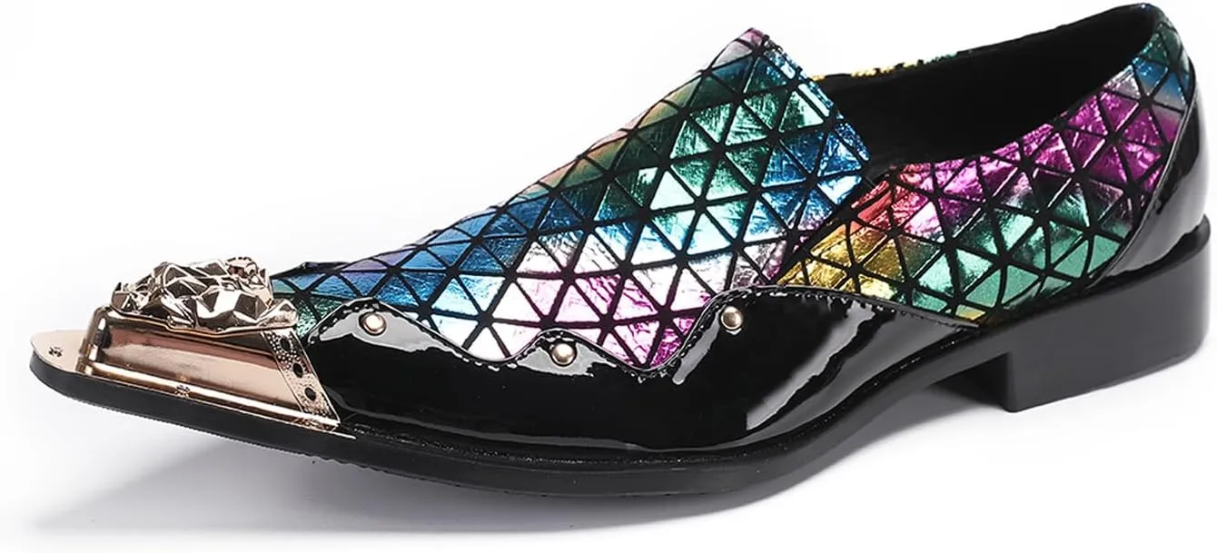 Santimon Mens Loafers Party Dress Slip On Disco Shoes -Wedding Casual Two Tone Leather Penny Loafers- Tuxedo Plaid Metal Tip Toe Shoes for Men Boys