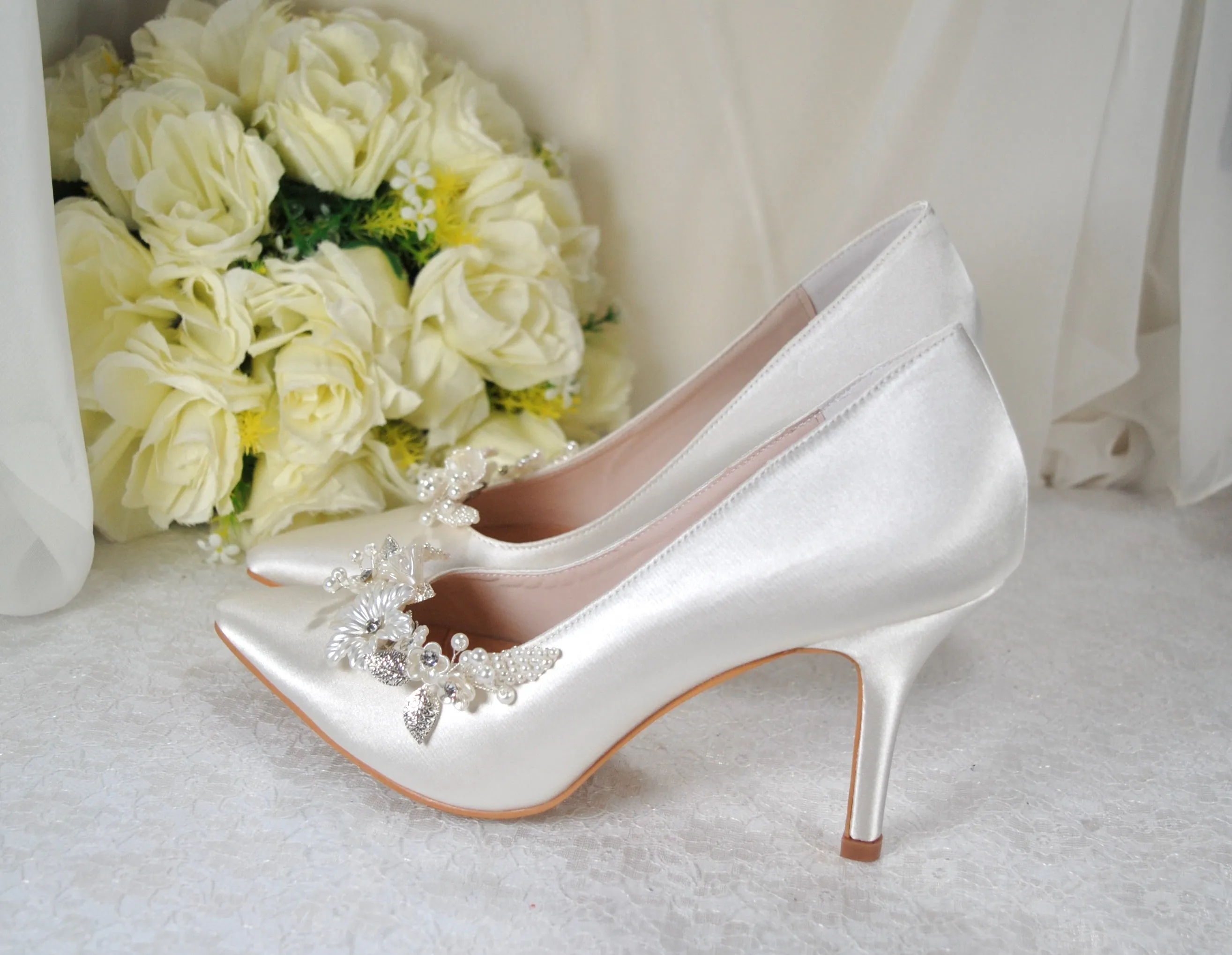 Satin Shoes with Floral Shoe Clip