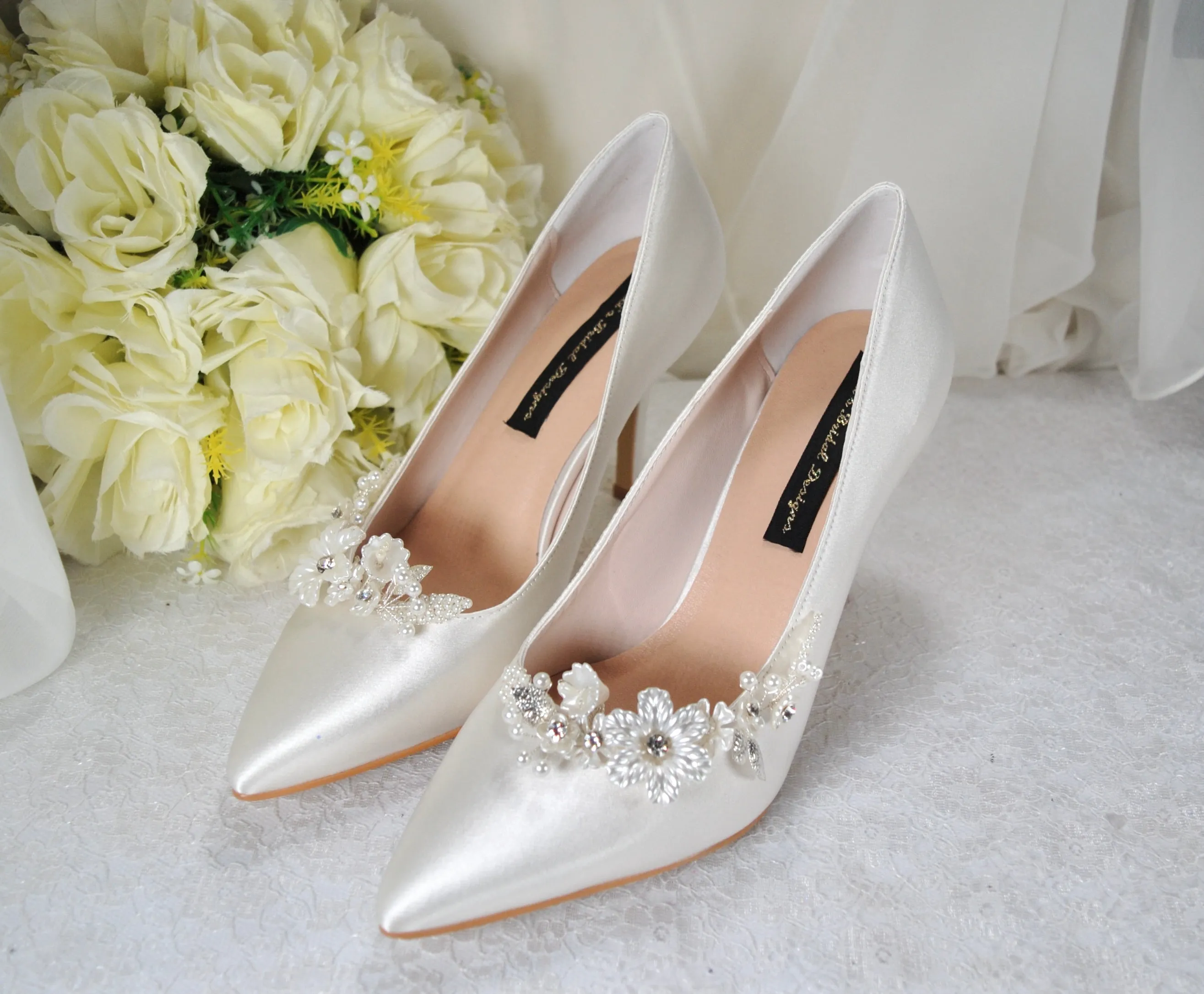 Satin Shoes with Floral Shoe Clip
