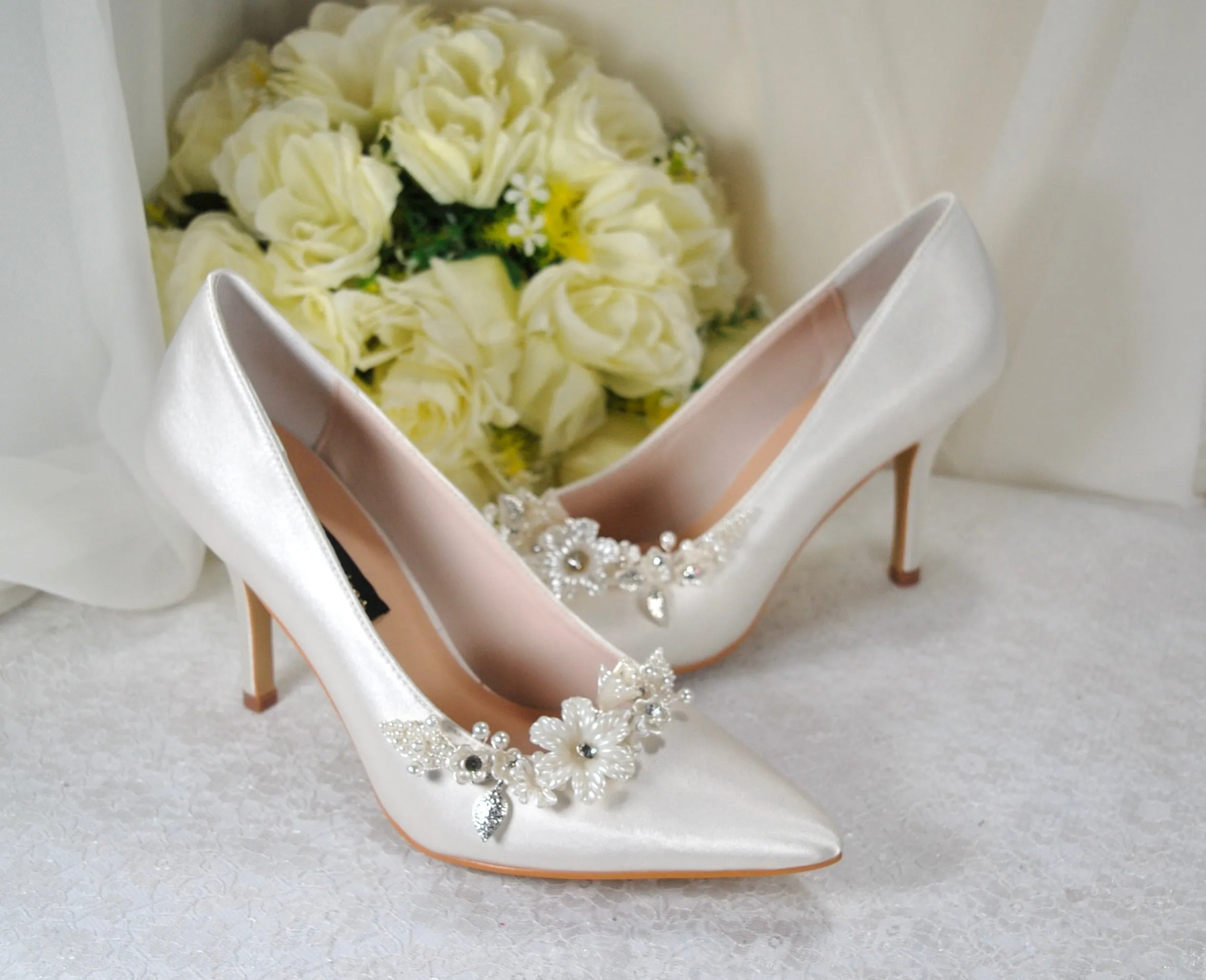 Satin Shoes with Floral Shoe Clip