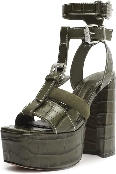 Schutz Platform Military Green Croc-Embossed Heel Dainty Sandals