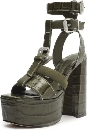 Schutz Platform Military Green Croc-Embossed Heel Dainty Sandals