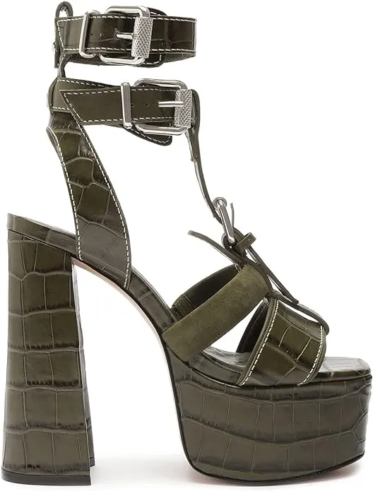 Schutz Platform Military Green Croc-Embossed Heel Dainty Sandals