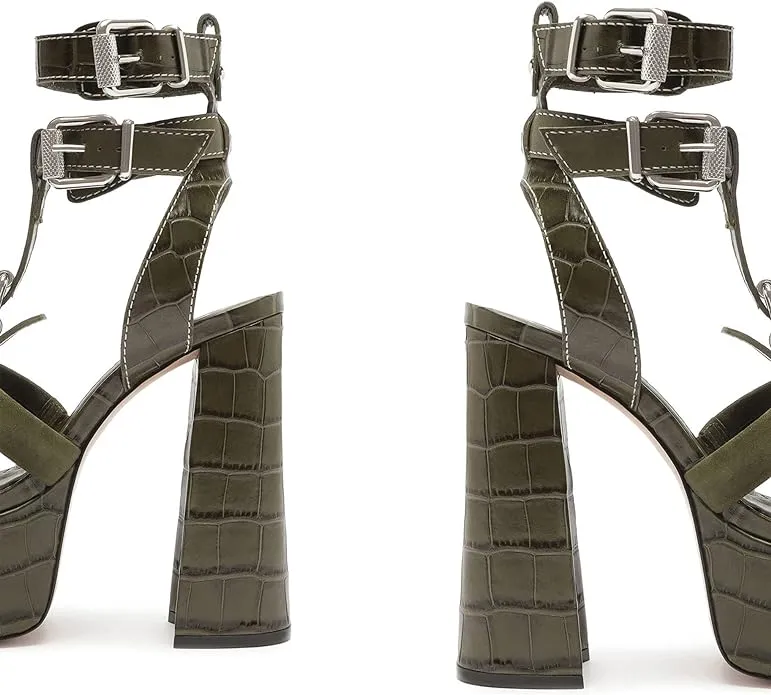 Schutz Platform Military Green Croc-Embossed Heel Dainty Sandals
