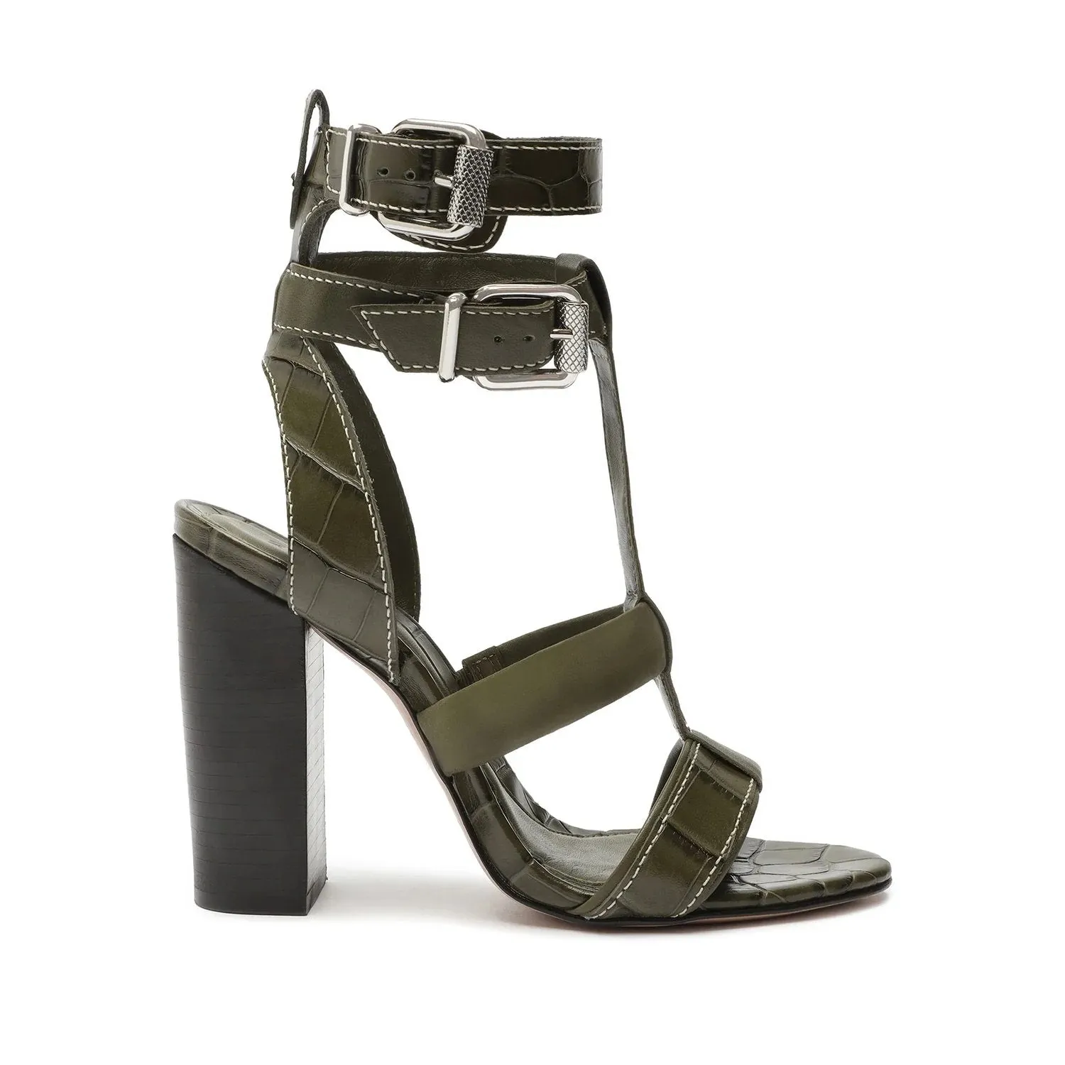 Schutz Platform Military Green Croc-Embossed Heel Dainty Sandals