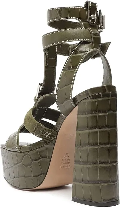 Schutz Platform Military Green Croc-Embossed Heel Dainty Sandals
