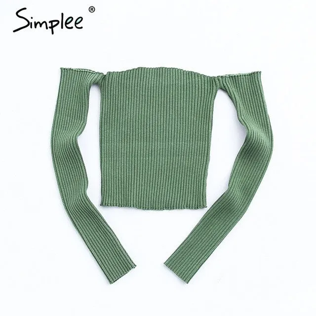 Sexy slash neck knitted top tees Women black short sleeve.