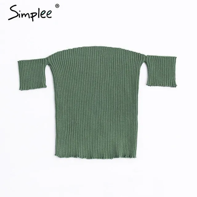 Sexy slash neck knitted top tees Women black short sleeve.