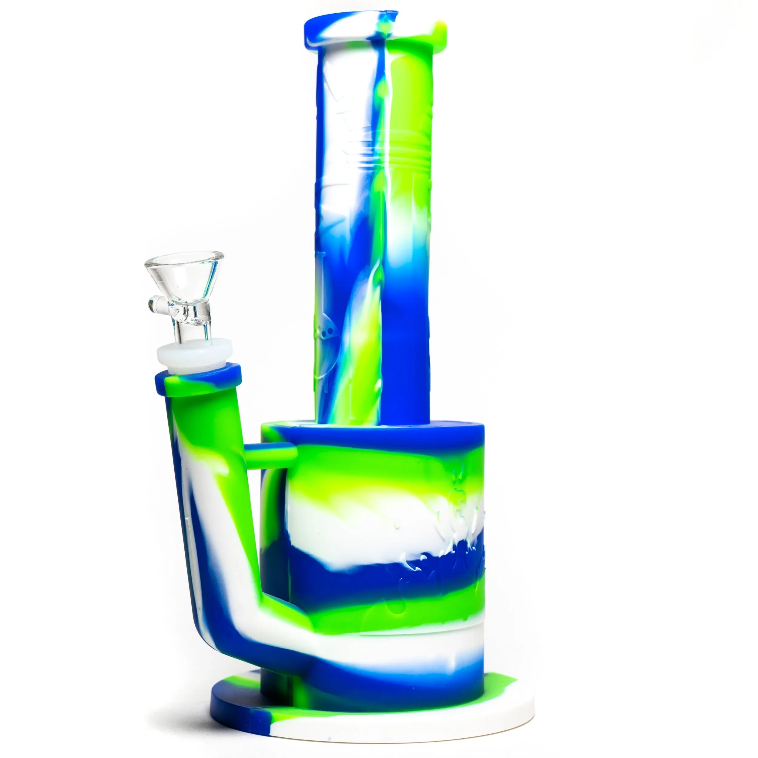 Shooters - 10" Silicone Bubbler - 2 Piece w/ Silicone Stem - Green, Blue & White