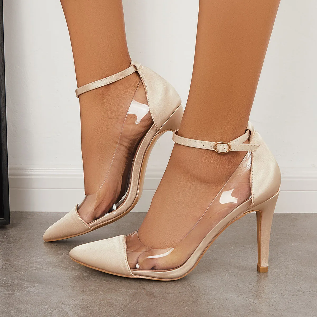 Sohiwoo Women Clear High Heels Pointed Toe Stiletto Ankle Strap Dress Pumps