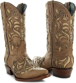Soto Boots Womens Inlay Cowgirl Boots, Genuine Leather Cowgirl Boots, Handcrafted Cowboy Boots For Women M50060