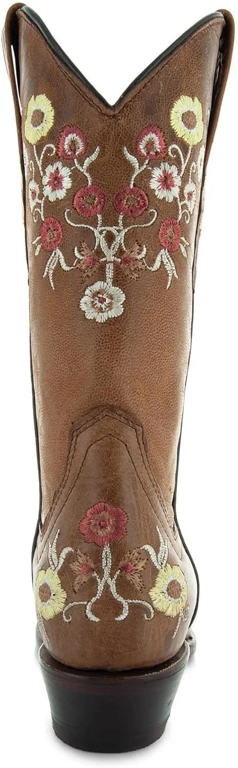Soto Boots Women's Showstopper Snipped Toe Floral Cowgirl Boots, Embroidered Genuine Leather Handcrafted M50044 Tan
