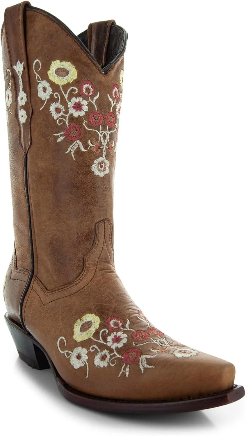 Soto Boots Women's Showstopper Snipped Toe Floral Cowgirl Boots, Embroidered Genuine Leather Handcrafted M50044 Tan