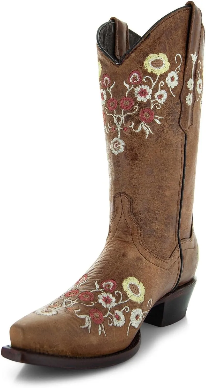 Soto Boots Women's Showstopper Snipped Toe Floral Cowgirl Boots, Embroidered Genuine Leather Handcrafted M50044 Tan