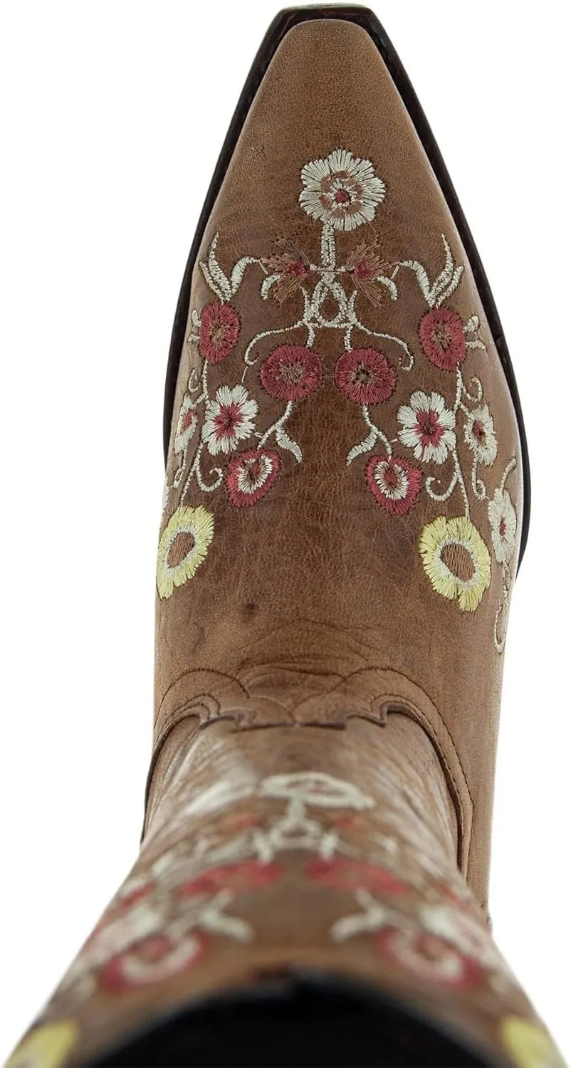 Soto Boots Women's Showstopper Snipped Toe Floral Cowgirl Boots, Embroidered Genuine Leather Handcrafted M50044 Tan