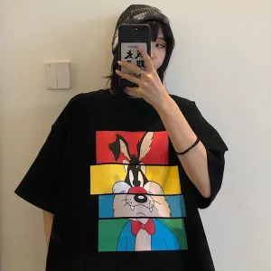 Summer Mid Length Creative Cartoon Rabbit Print Women T-shirt Harajuku Large Size O Neck Tee Shirt High Street Wear Loose Tops