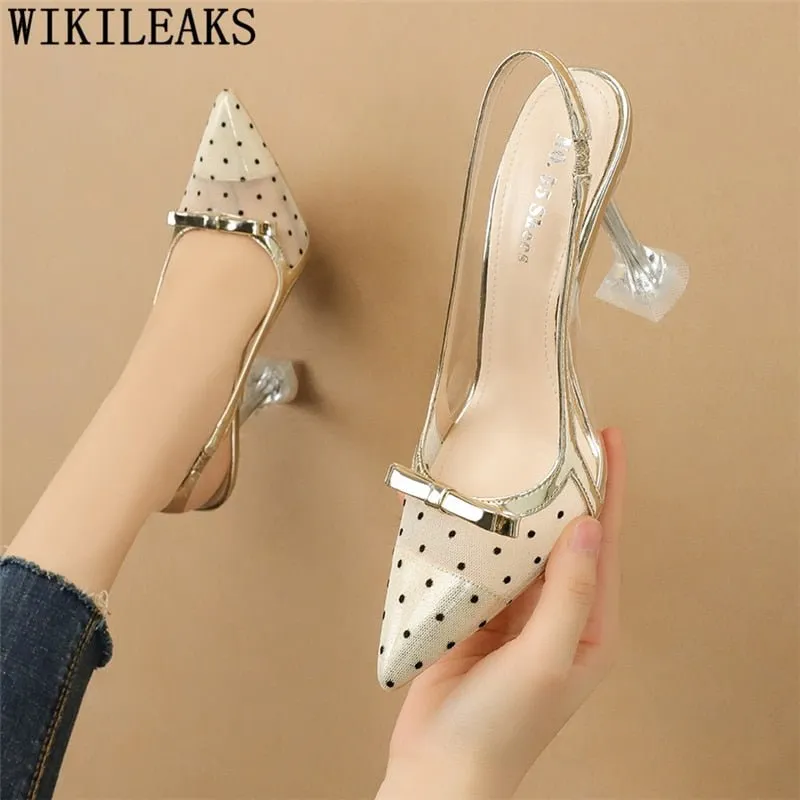 Superb Slingback Pointed Toe Polka Dot Mesh Multi-Choice Heel Shoes