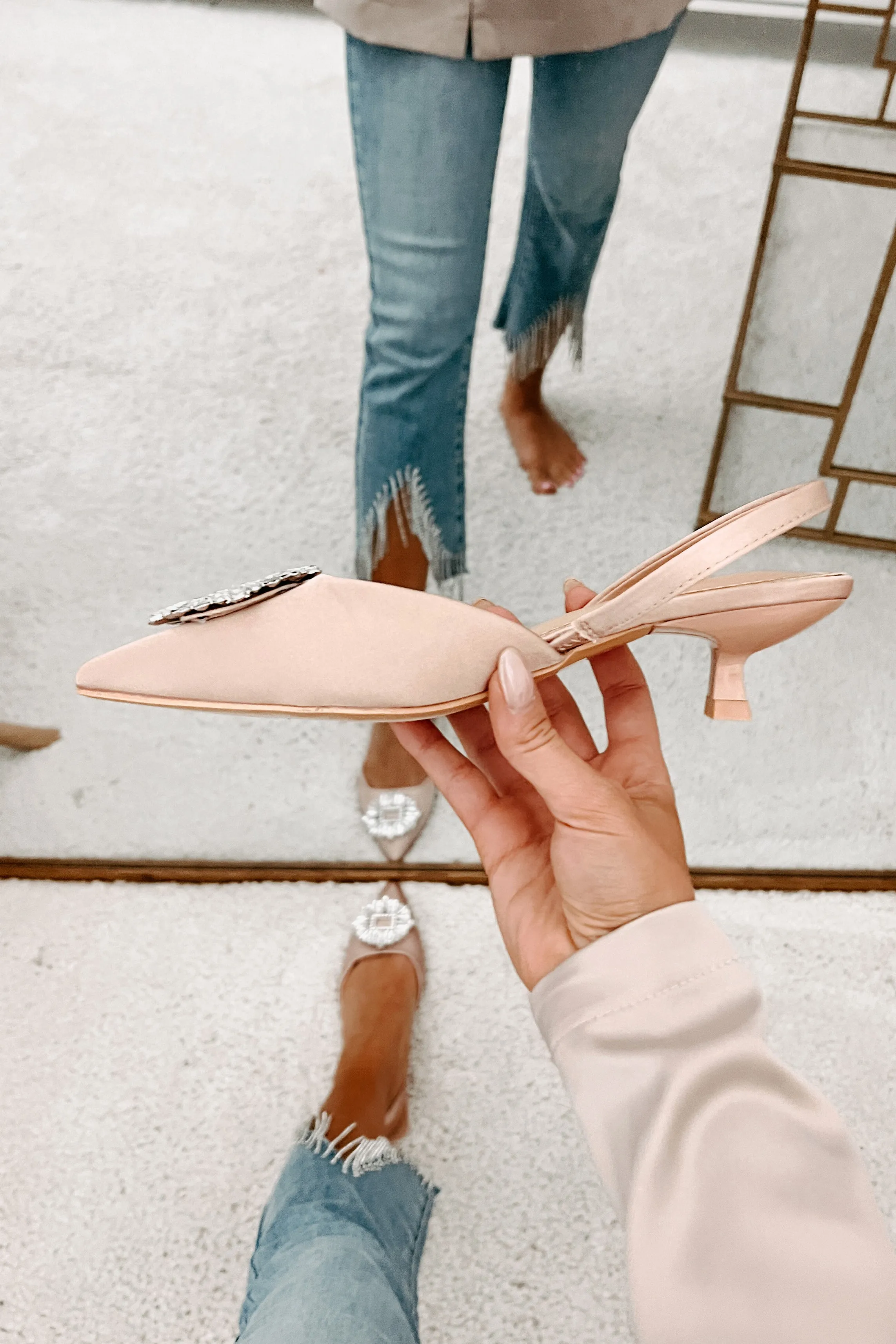 Taste Of Success Satin Slingback Kitten Heels (Beige)