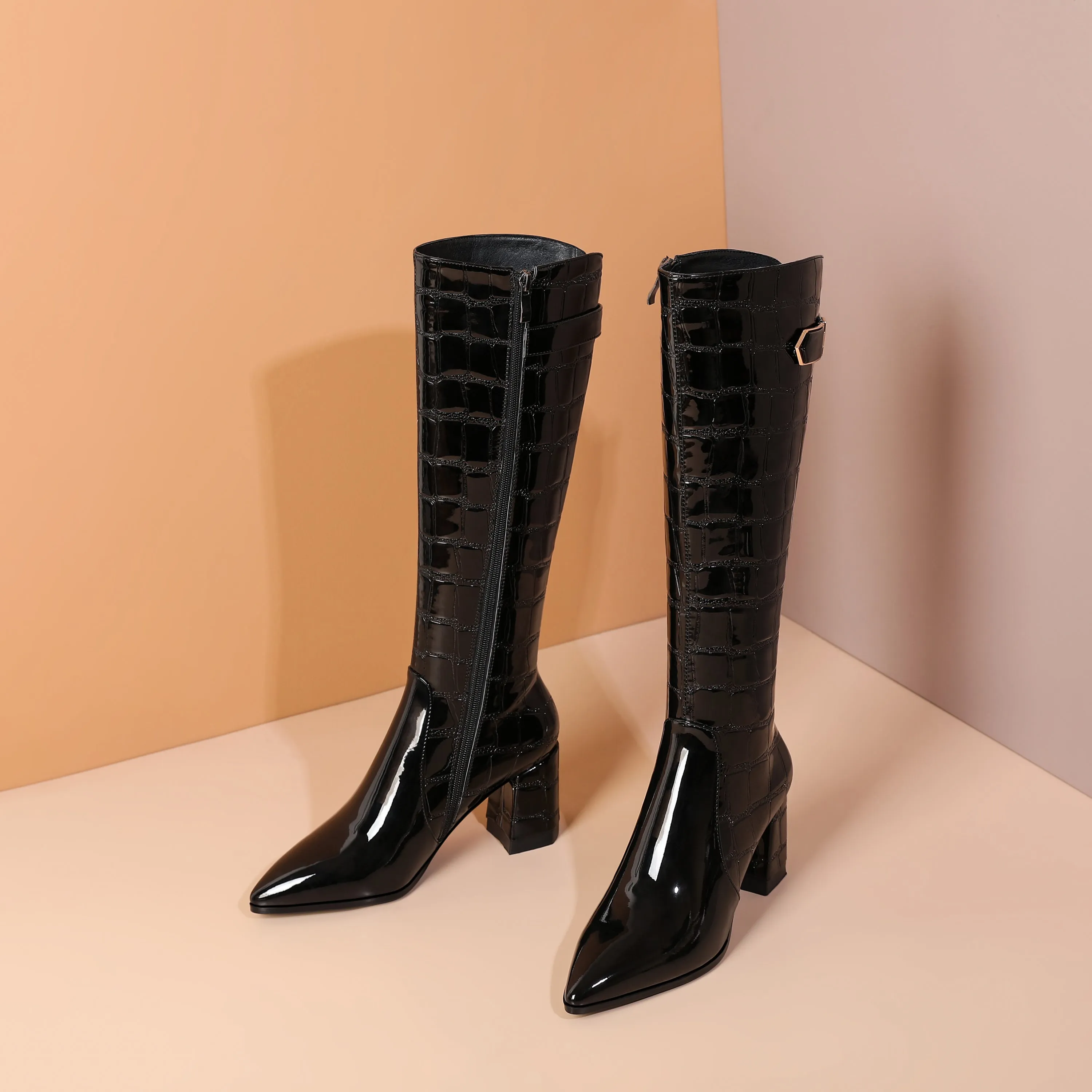 TinaCus Handmade Women's Patent Leather Pointed Toe Side Zip Up Block Heel Classic Black Knee High Boots with Chic Buckle