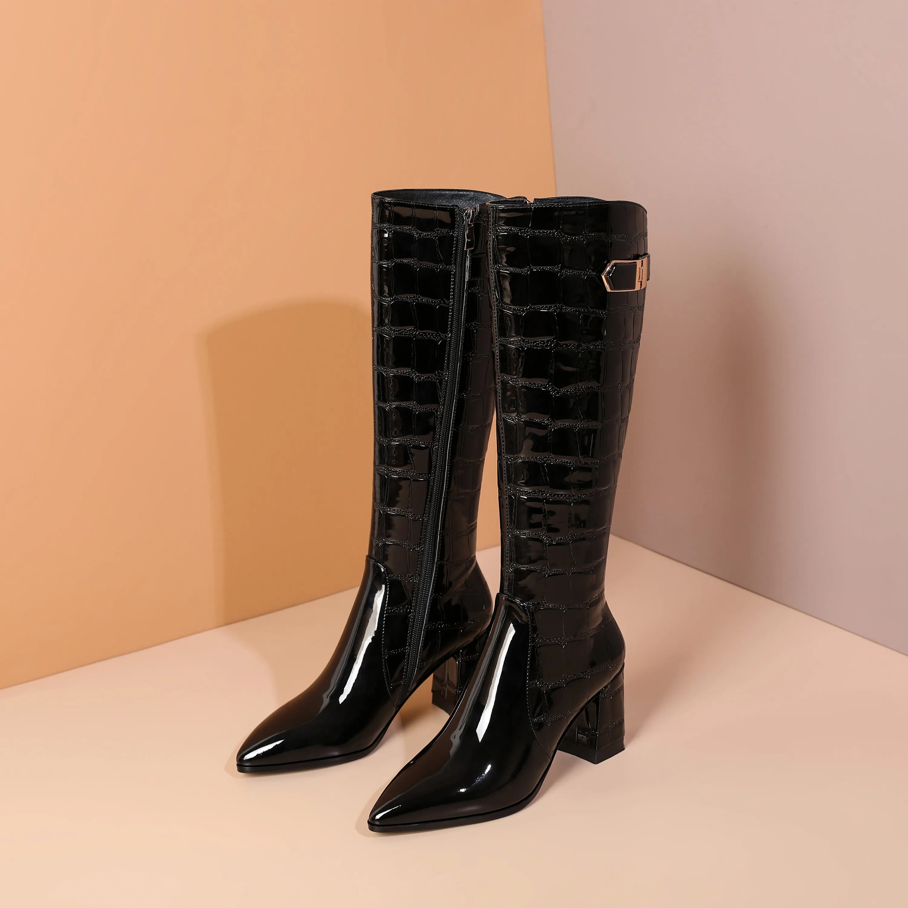 TinaCus Handmade Women's Patent Leather Pointed Toe Side Zip Up Block Heel Classic Black Knee High Boots with Chic Buckle