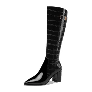 TinaCus Handmade Women's Patent Leather Pointed Toe Side Zip Up Block Heel Classic Black Knee High Boots with Chic Buckle